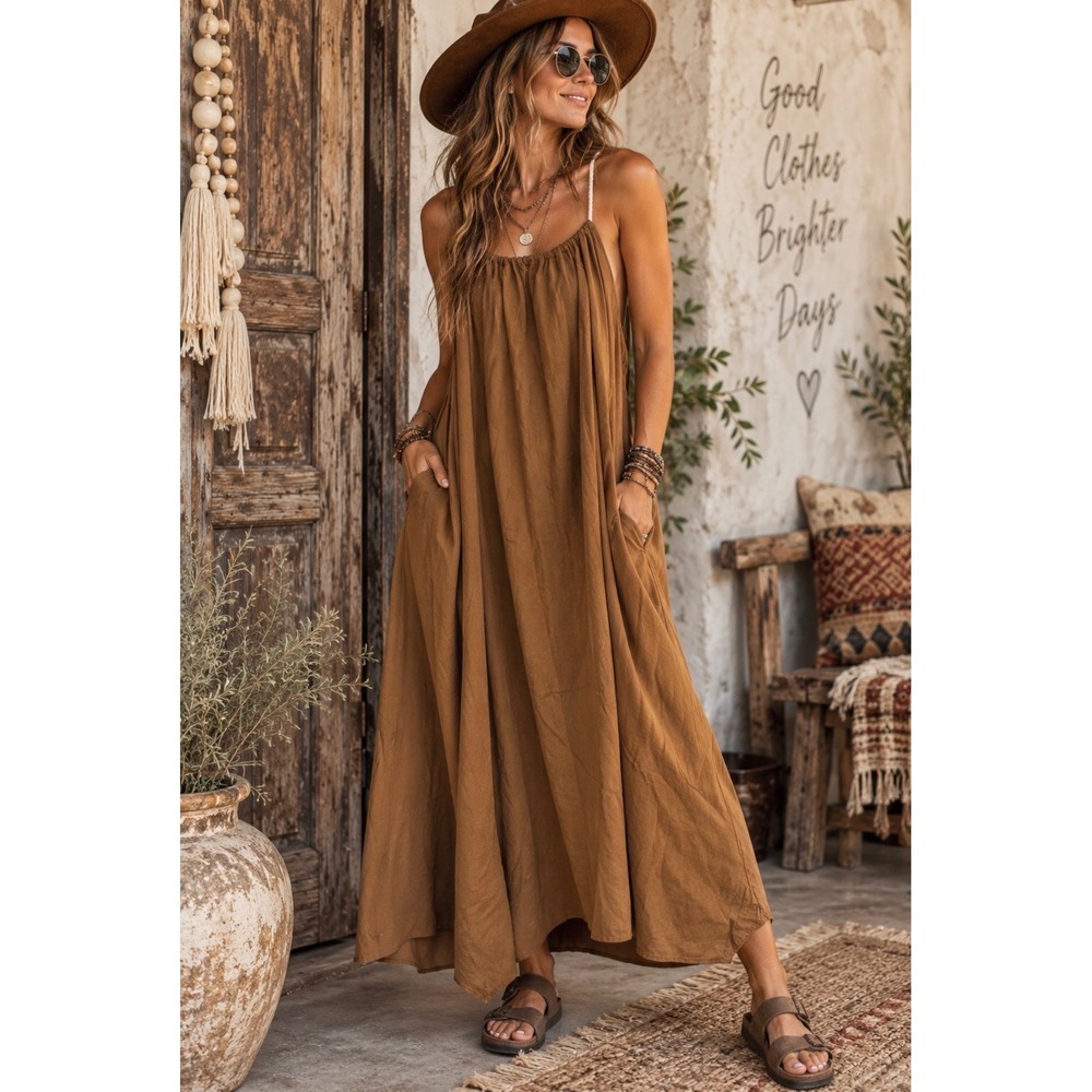 Jaded Gypsy NWOT Brown Maxi Dress One Size Boho Rope Strap Flowy